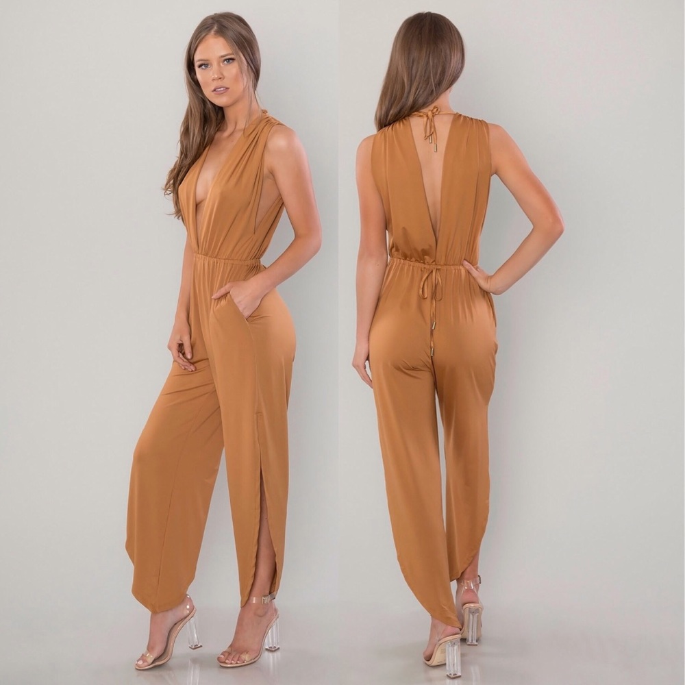 Deep V Jumpsuit - CAMEL